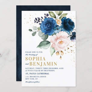 Invitation Aquarelle Marine bleu Blush Rose Floral Mariage