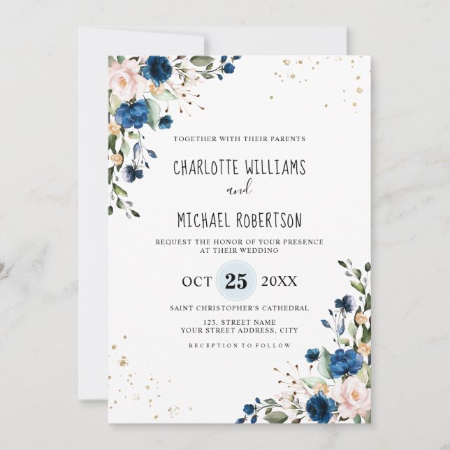 Invitation Aquarelle Marine bleu Blush Rose Floral Mariage (Devant)