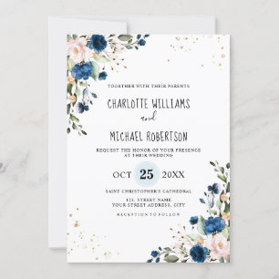 Invitation Aquarelle Marine bleu Blush Rose Floral Mariage