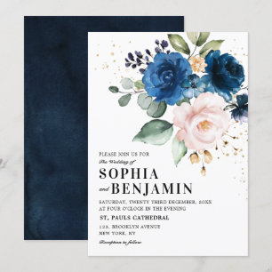 Invitation Aquarelle Marine bleu Blush Rose Floral Mariage