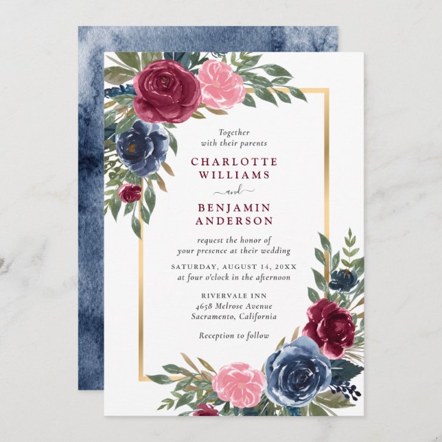 Invitation Aquarelle Marine Bleu Bourgogne Or Floral (Devant / Derrière)