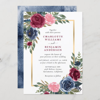 Invitation Aquarelle Marine Bleu Bourgogne Or Floral