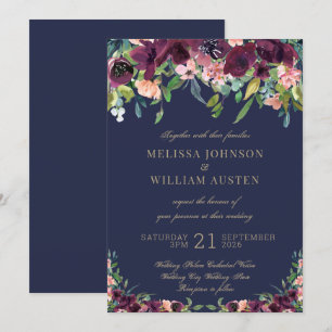 Invitation Aquarelle Marine Bleu Or Bourgogne Floral Mariage
