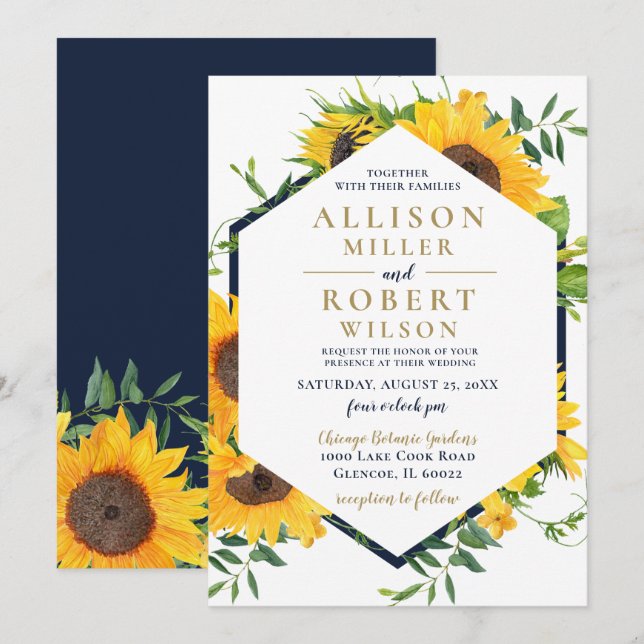 Invitation Aquarelle Marine Bleu Tournesol Mariage rustique (Devant / Derrière)