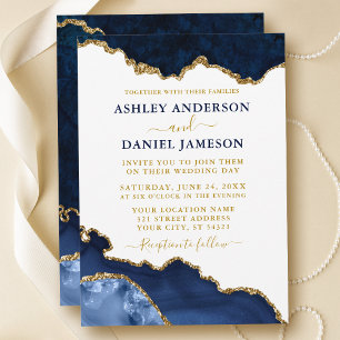 Invitation Aquarelle Marine Blue Gold Marble Mariage