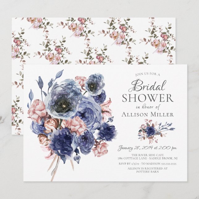 Invitation Aquarelle marine Blush Floral Fête des mariées (Devant / Derrière)