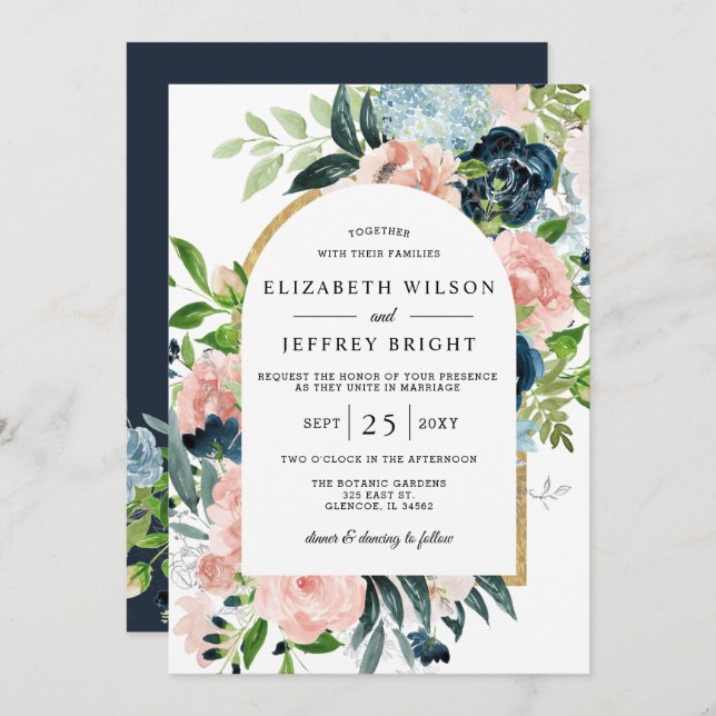 Invitation Aquarelle Marine Blush or Floral Arbre Mariage I (Devant / Derrière)