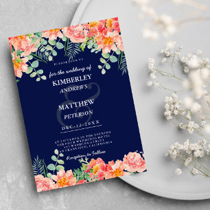 Invitation Aquarelle marine corail bleu rose Mariage botaniqu
