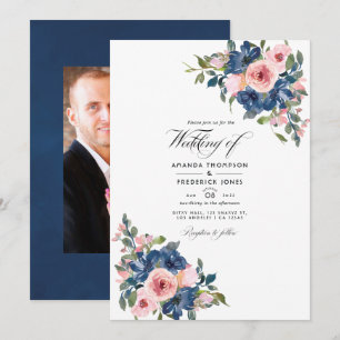 Invitation Aquarelle marine et bleu Mariage floral photo