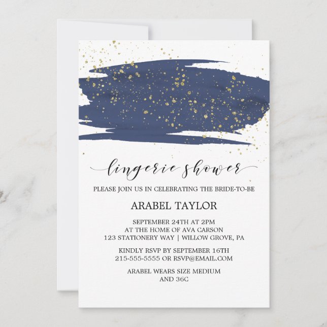 Invitation Aquarelle Marine et Gold Sparkle Lingerie Douche (Devant)