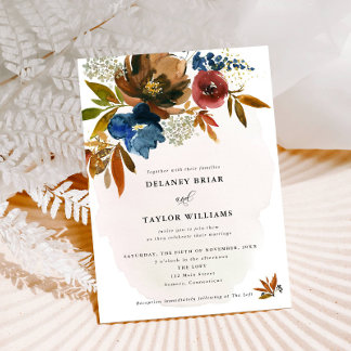 Invitation Aquarelle marine et rouille Boho Floral, Mariage