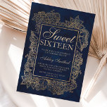 Invitation Aquarelle marine florale moderne fausse or doux 16<br><div class="desc">Une main moderne,  assez chic et élégant faux or dessiné à la main floral avec faux or élégant cadre Sweet 16 anniversaire invitation à la fête sur un arrière - plan d'aquarelle bleu marine peint à la main moderne et élégant.Parfait pour un Sweet sixteen princesse.</div>