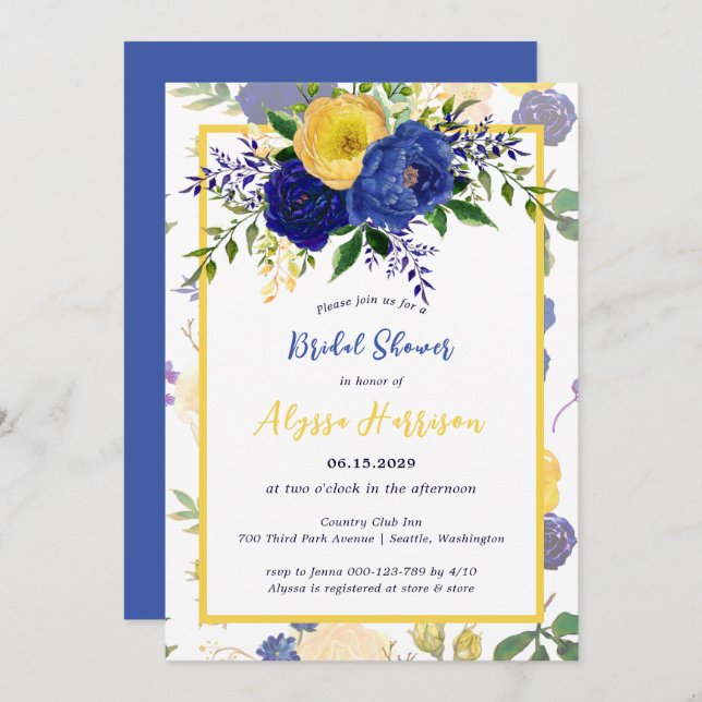 Invitation Aquarelle Marine Yellowish Gold Floral Bride (Devant / Derrière)