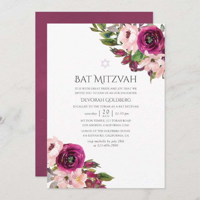 Invitation Aquarelle Marsala et Bat mitzvah floral (Devant / Derrière)
