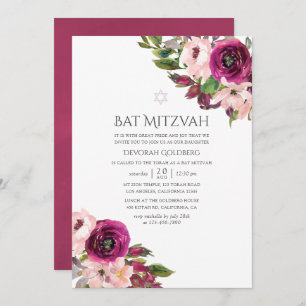 Invitation Aquarelle Marsala et Bat mitzvah floral