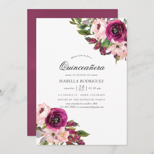 Invitation Aquarelle Marsala et Floral Blush Quinceañera (Devant / Derrière)