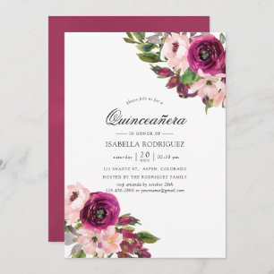 Invitation Aquarelle Marsala et Floral Blush Quinceañera
