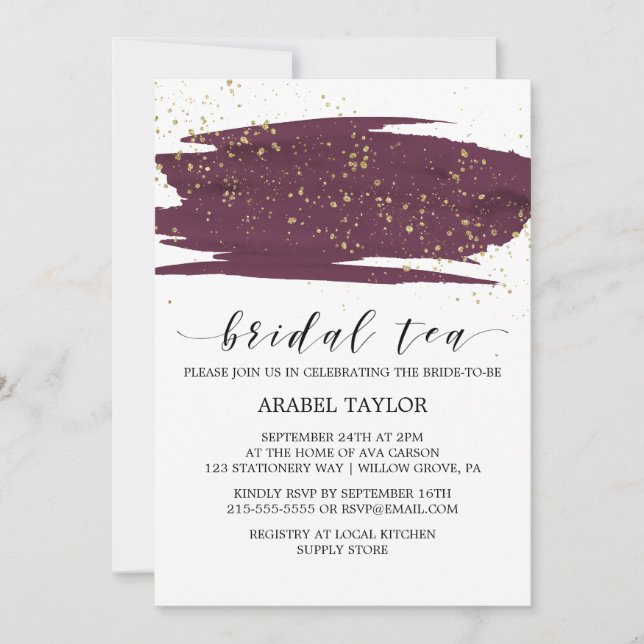 Invitation Aquarelle Marsala et Thé nuptial Gold Sparkle (Devant)