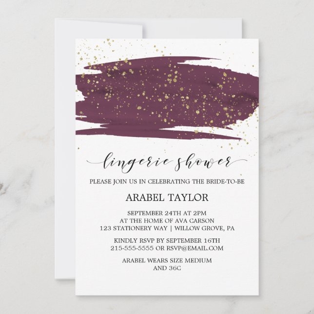 Invitation Aquarelle Marsala & Gold Sparkle Lingerie Douche (Devant)