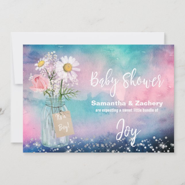 Invitation *~* Aquarelle Mason Jar Flore Baby shower rustique (Devant)
