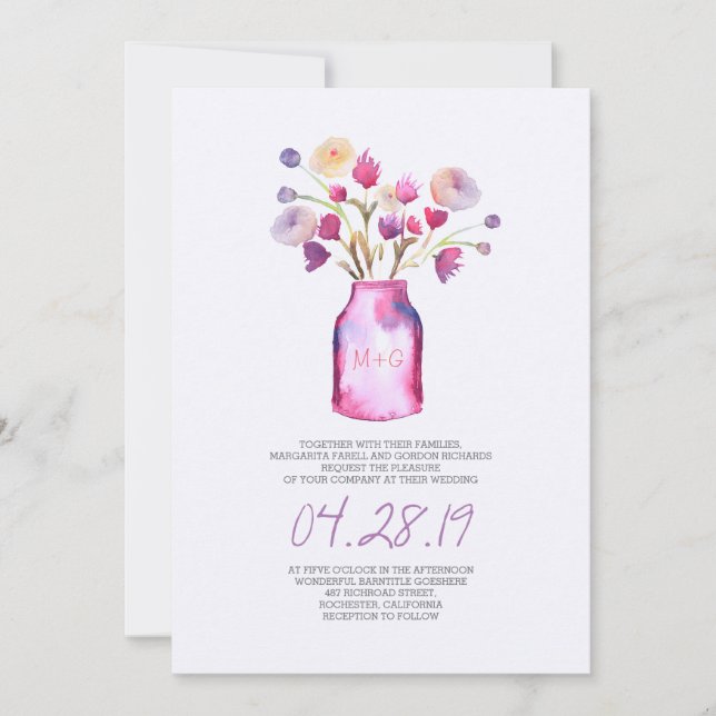Invitation Aquarelle mât et fleurs violettes mariage (Devant)