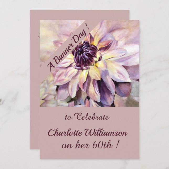 Invitation Aquarelle mauve et pourpre Fleur Anniversaire (Devant / Derrière)
