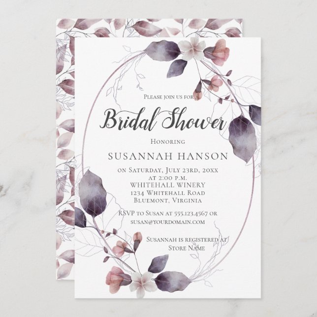 Invitation Aquarelle Mauve rose Fleurs Feuilles Fête des mari (Devant / Derrière)