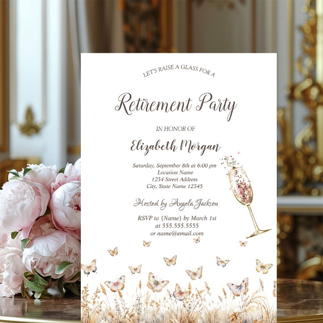 Invitation Aquarelle Meadow Butterflies Glass Retirement (Créateur téléchargé)
