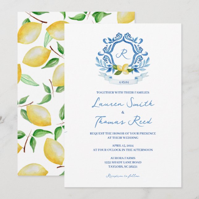 Invitation Aquarelle méditerranéenne bleu avec citrons Mariag (Devant / Derrière)