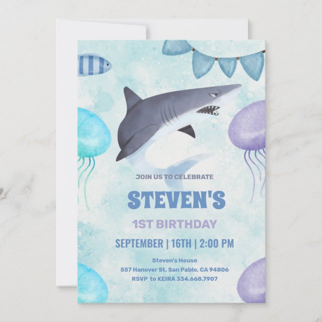 Invitation aquarelle Méduse et requin 1er anniversaire (Devant)