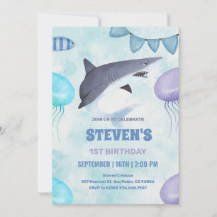Invitation aquarelle Méduse et requin 1er anniversaire
