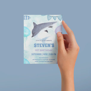 Invitation aquarelle Méduse et requin 1er anniversaire