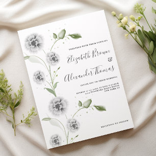 Invitation Aquarelle menthe blanc pavot floral feuille mariag