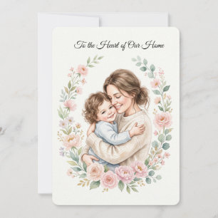 Invitation Aquarelle Mère et Enfant Câlin avec Couronne Flora