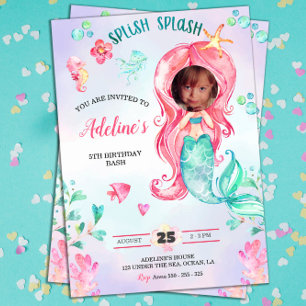 Invitation Aquarelle Mermaid Ajouter votre photo Anniversaire