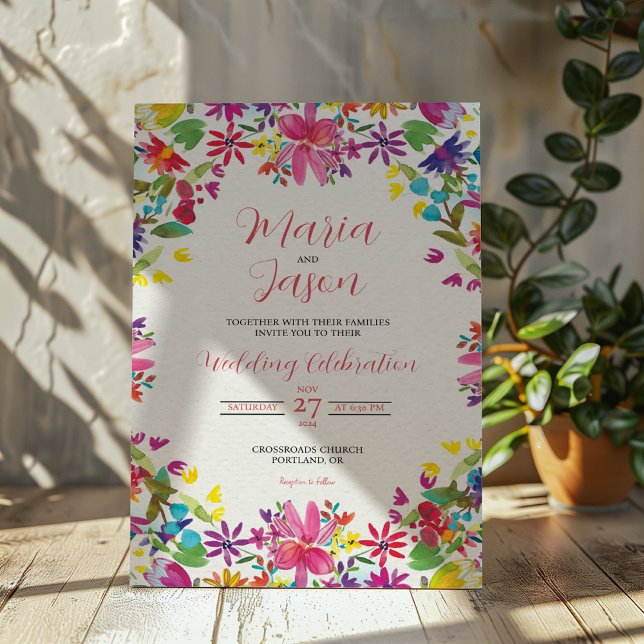 Invitation Aquarelle mexicaine Floral Romantic Flowers Mariag (Mexican Watercolor Floral Romantic Flowers Wedding Invitation)