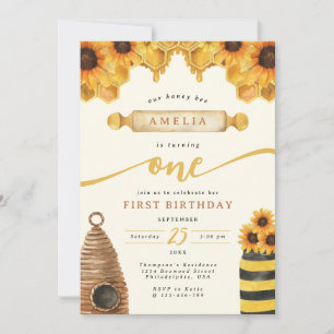 Invitation Aquarelle Miel Abeille Tournesol Premier anniversa