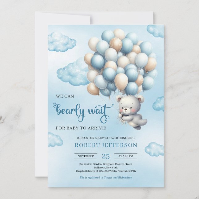 Invitation Aquarelle mignon bébé ours en peluche avec ballons (Devant)