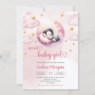 Invitation Aquarelle mignon pingouin fille baby shower