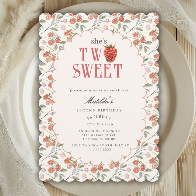 Invitation Aquarelle Mignon Raspberry Deux Douce 2ème Anniver (Créateur téléchargé)