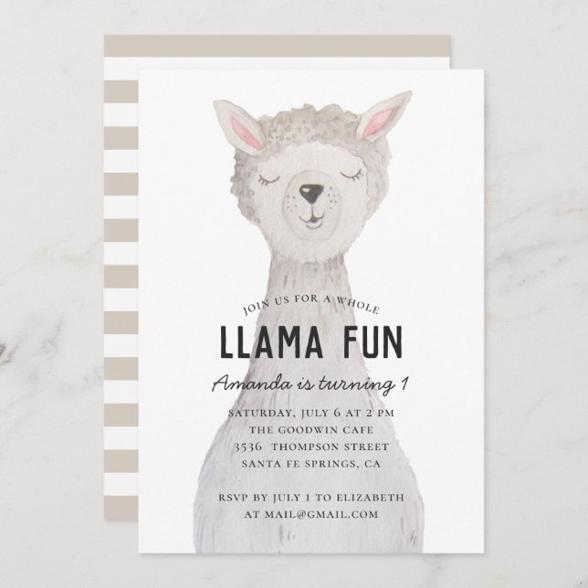 Invitation Aquarelle mignonne alpaga. Llama fête d'anniversai (Devant / Derrière)