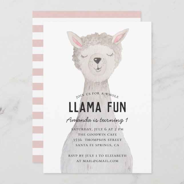 Invitation Aquarelle mignonne alpaga. Llama fête d'anniversai (Devant / Derrière)
