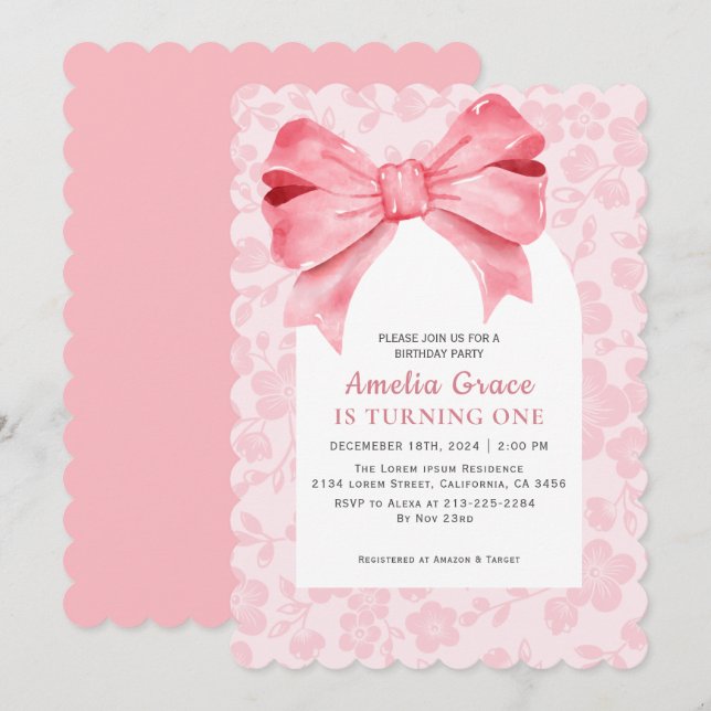 Invitation Aquarelle mignonne Arc rose floral fille 1er anniv (Devant / Derrière)