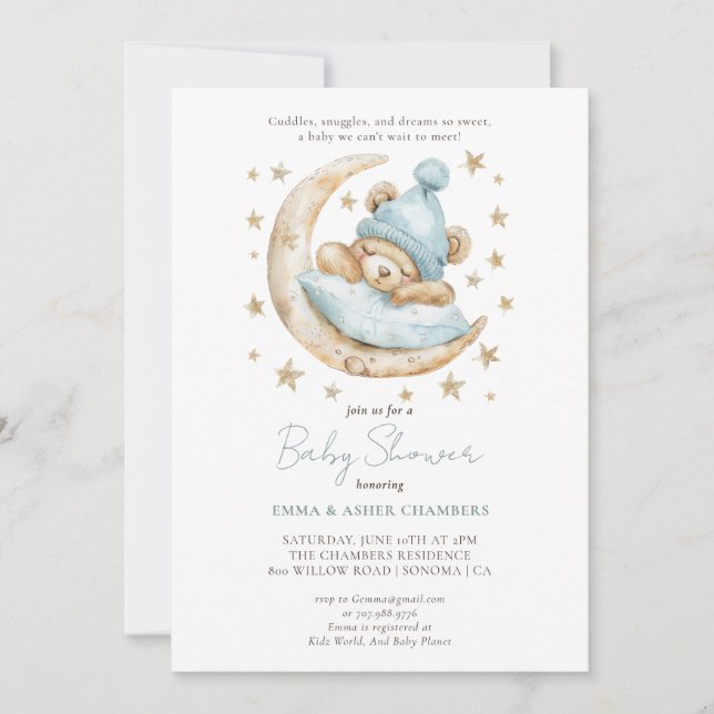 Invitation Aquarelle mignonne Baby shower bleu Ours en Teddy (Devant)