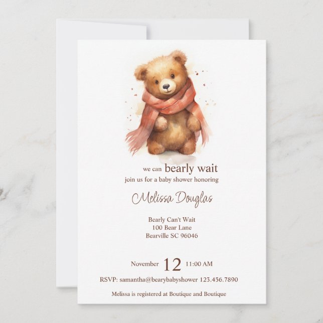 Invitation Aquarelle mignonne Baby shower d'ours d'attente (Devant)