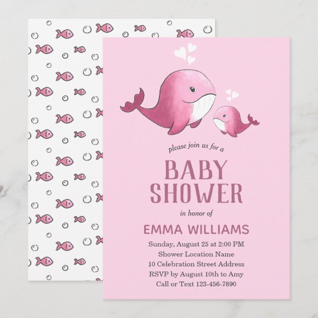 Invitation Aquarelle mignonne baleine rose | Baby shower fill (Devant / Derrière)
