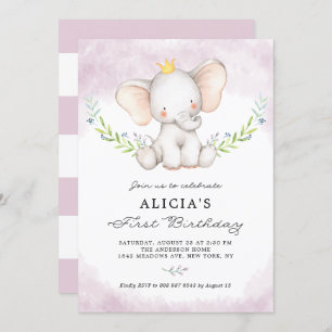 Invitation Aquarelle mignonne bébé éléphant fille premier ann