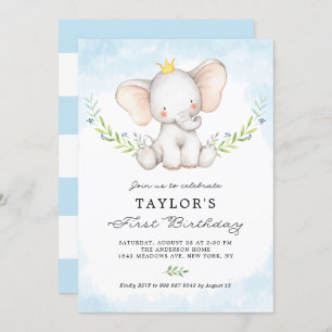 Invitation Aquarelle mignonne bébé éléphant garçon premier an