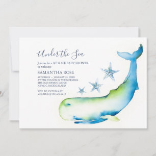 Invitation Aquarelle mignonne Bleu baleine Sip et voir Baby s