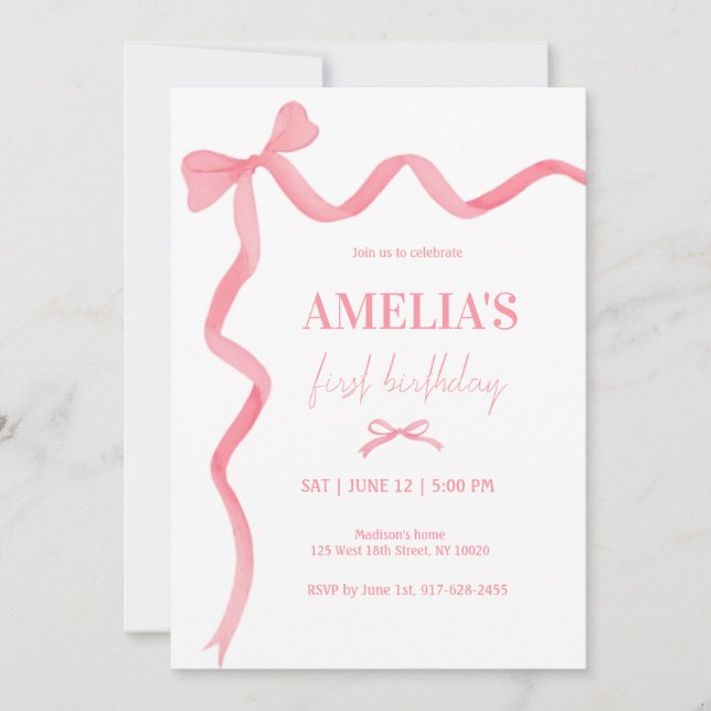 Invitation Aquarelle mignonne Bow rose Coquette 1er anniversa (Devant)